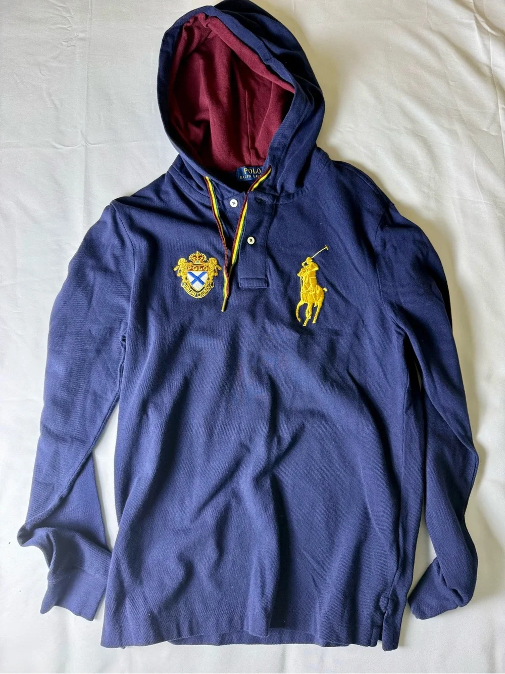 Polo by Ralph Lauren Navy Hooded Long-Sleeve Polo with Yellow Crest - NEW